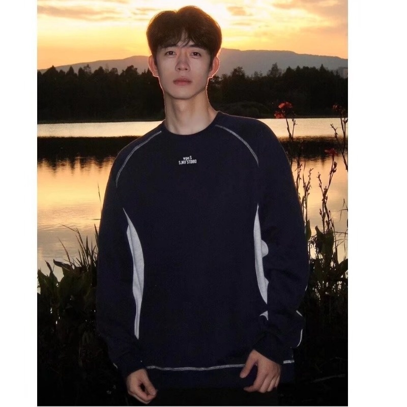 boy New Style Patchwork Navy Blue Crew Neck Fleece Sweatshirt Autumn Winter American Heavyweight Long Sleeve Men's Hoodless_voghion.com