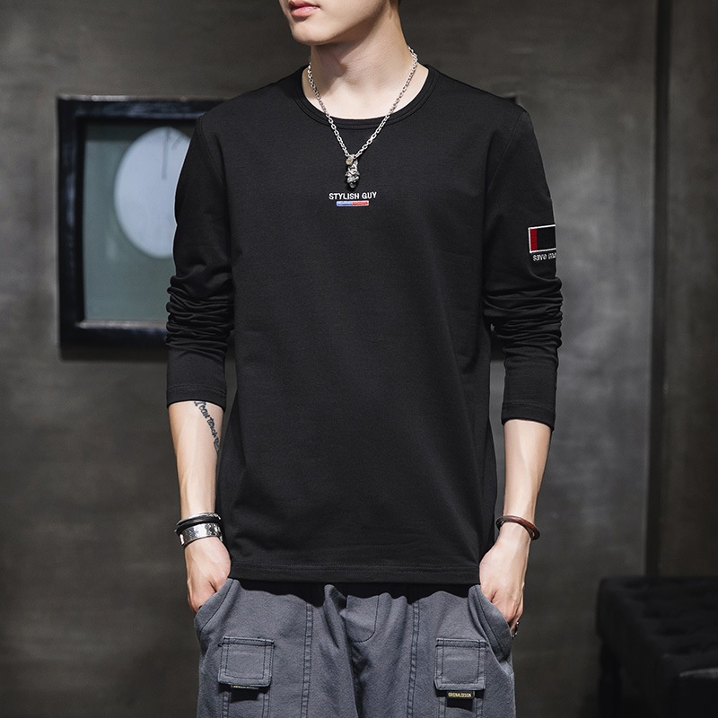 T-shirt à manches longues et col rond pour garçon, 100% coton, coupe ajustée, style sport, sweat-shirt imprimé tendance, t-shirt basique pour homme_voghion.com