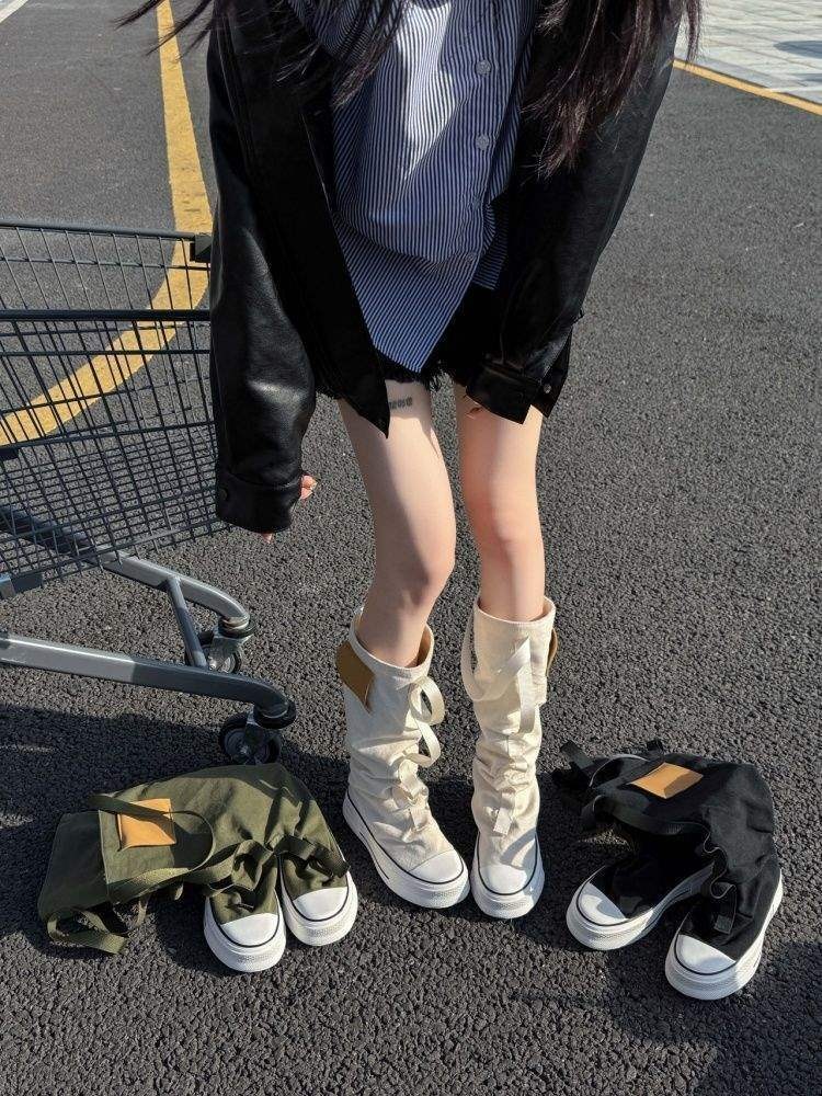 Women's Summer 2025 New European Style Niche Canvas Slouch Thick Sole Workwear Western Cowboy Boots_voghion.com