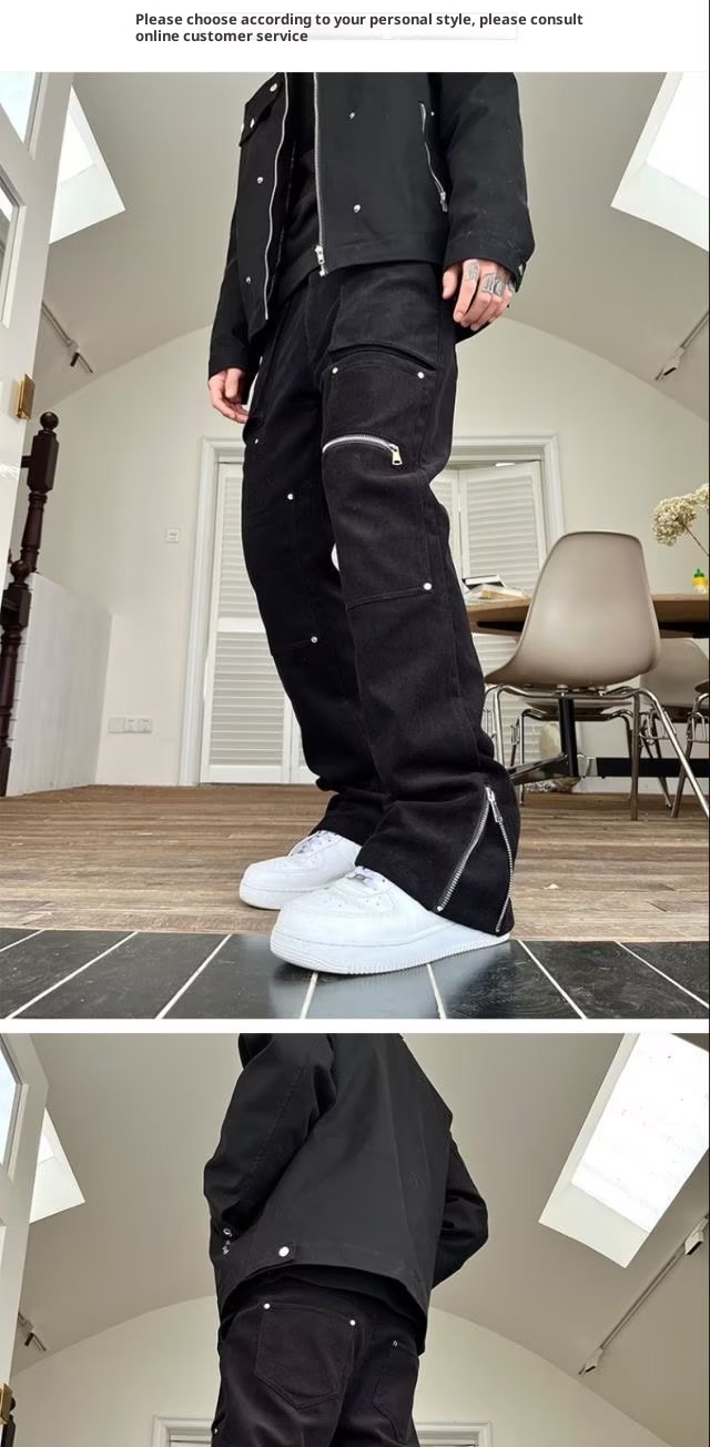 Pantaloni cargo con cerniera divisi per uomo, stile hip hop americano, alla moda, jeans dritti slim fit, dropshipping_voghion.com