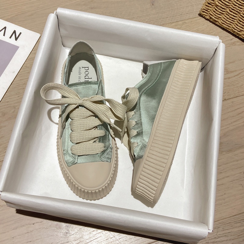 Versione in pelle di pecora, tela di raso spagnola per donna, suola spessa, altezza crescente, casual, versatile, con lacci, bianco per studenti_voghion.com