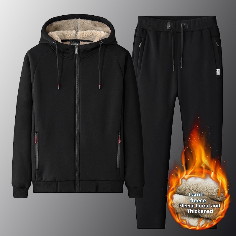 001 Winter New Lamb Wool Zipper Jacket Korean Style Fleece Lined Thickened Warm Men's Plus Size Casual Sports Suit For Men_voghion.com