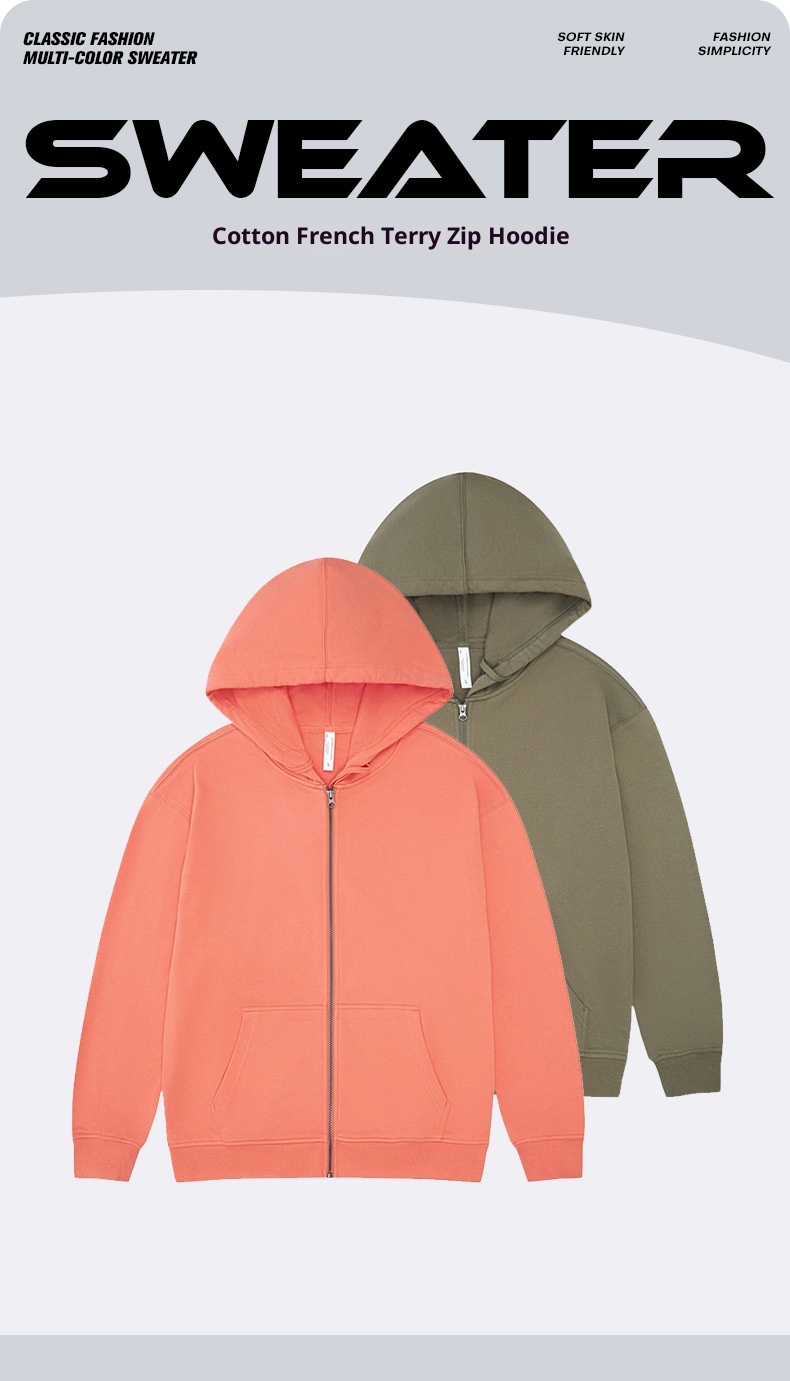 Felpa con cerniera in spugna da 330 g, personalizzata, in puro cotone europeo e americano, con cappuccio, da uomo, tinta unita_voghion.com