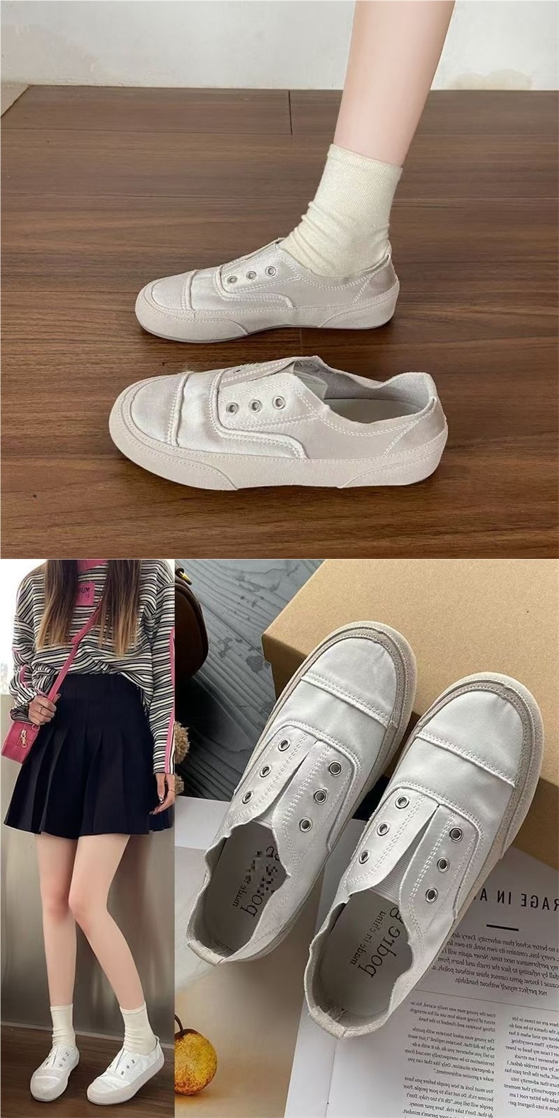Scarpe slip-on basse bianche in tela spagnola, traspiranti, casual e sottili, da donna, 2025_voghion.com