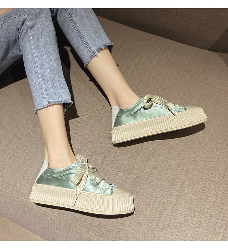 Versione in pelle di pecora, tela di raso spagnola per donna, suola spessa, altezza crescente, casual, versatile, con lacci, bianco per studenti_voghion.com