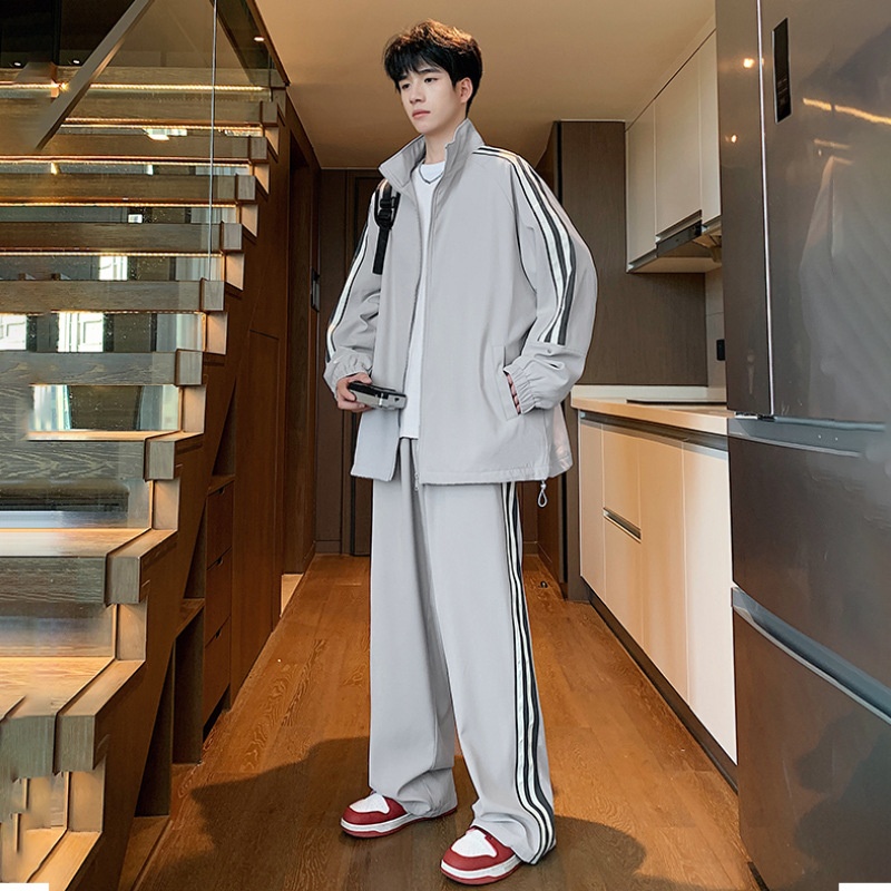 001 Spring And Autumn New Men's Sports Jacket Set Two-Piece Youth Trendy Brand Workwear Casual Running Suit_voghion.com