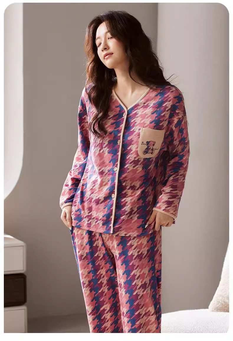 ChicShe Winter Langarmpyjama mit Brustpolstern für Damen, lockere Passform, süße Strickjacke, Übergröße, zweiteiliges Herbst-Homewear-Set_voghion.com