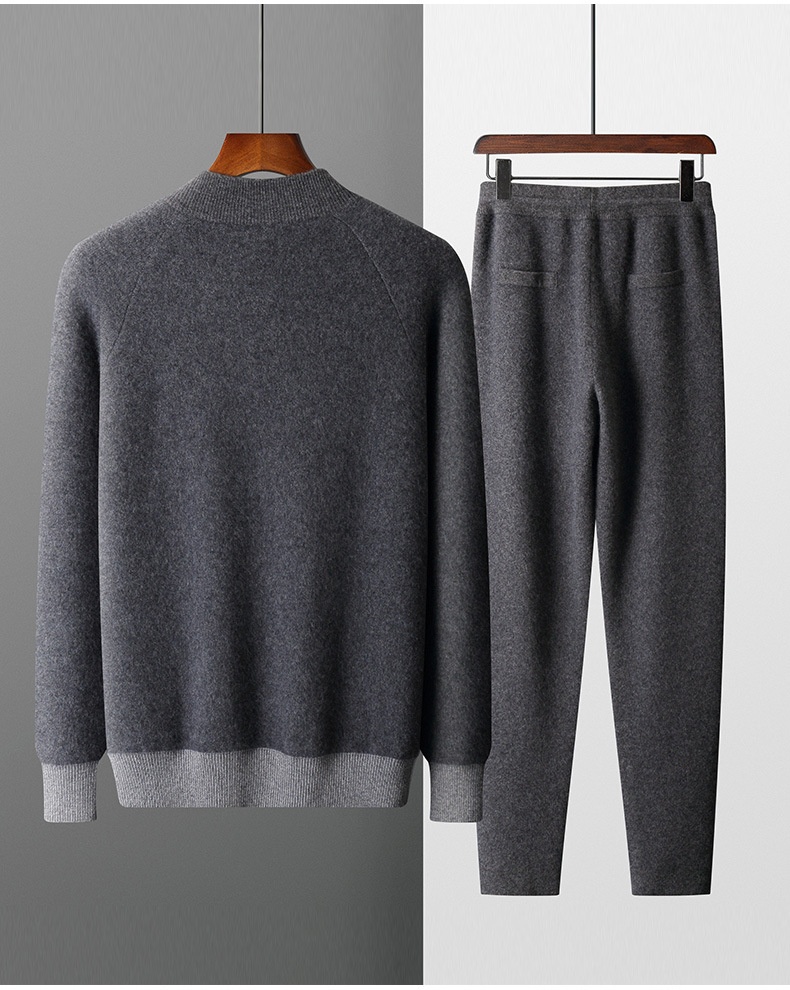 001 Neuer, dicker, lässiger Kaschmiranzug für Herren, bestehend aus einem Wollpullover mit halbem Rollkragen, einer Strickjacke mit Reißverschluss und einer locker sitzenden Hose._voghion.com