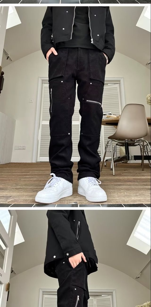 Pantaloni cargo con cerniera divisi per uomo, stile hip hop americano, alla moda, jeans dritti slim fit, dropshipping_voghion.com