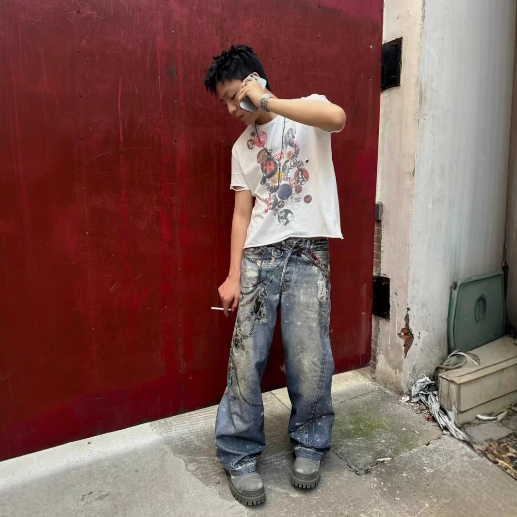 boy Style Wahed Vintage Printed Jean For Men Spring Autumn Straight Looe European And American High Street Vibe Long_voghion.com