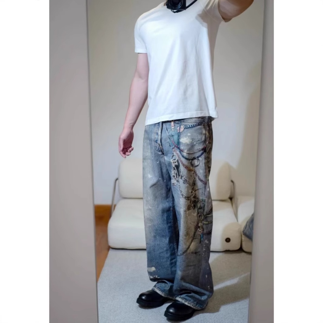 boy Style Wahed Vintage Printed Jean For Men Spring Autumn Straight Looe European And American High Street Vibe Long_voghion.com