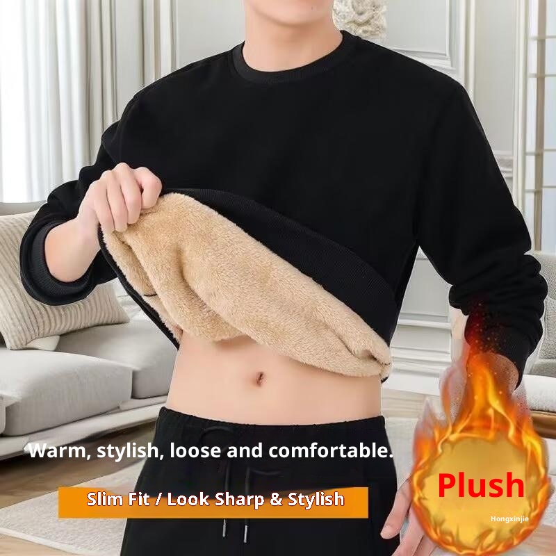 boy Lamb Wool Crew Neck Sweatshirt For Men, Autumn And Winter Thickened Fleece Base Shirt, Solid Color Pullover, Warm Loose_voghion.com