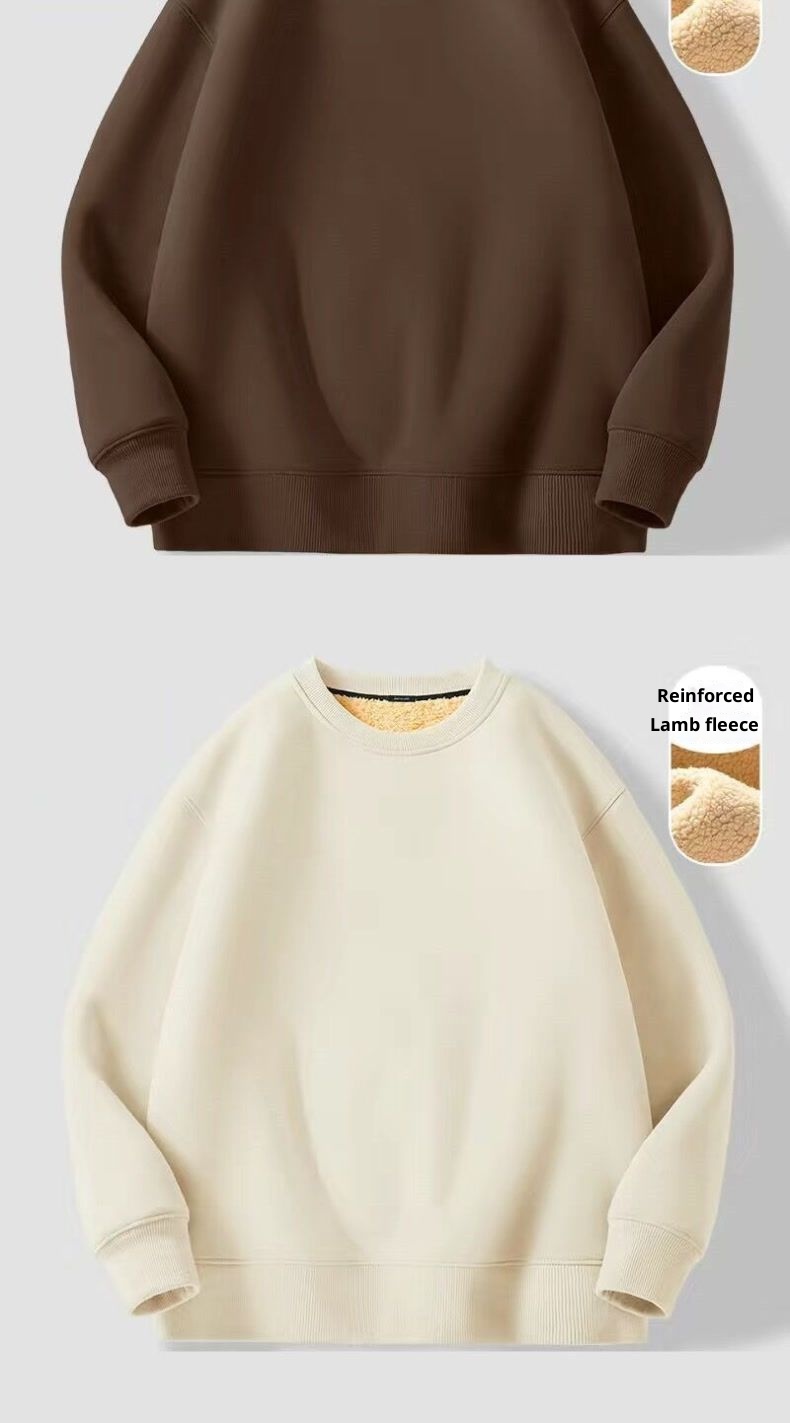 Erkekler İçin Sonbahar ve Kış Polar Astarlı Sweatshirt, Kalınlaştırılmış Stil, Öğrenci Çift Giyim, Kuzu Yünü Sıcak Yuvarlak Yaka_voghion.com