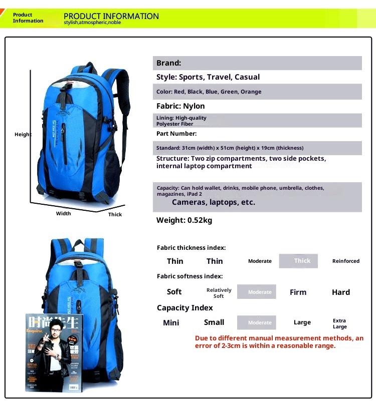 Sac à dos ActiveGo pour l'alpinisme transfrontalier, léger, grande capacité, résistant à l'eau, pour les voyages et les activités sportives décontractées._voghion.com