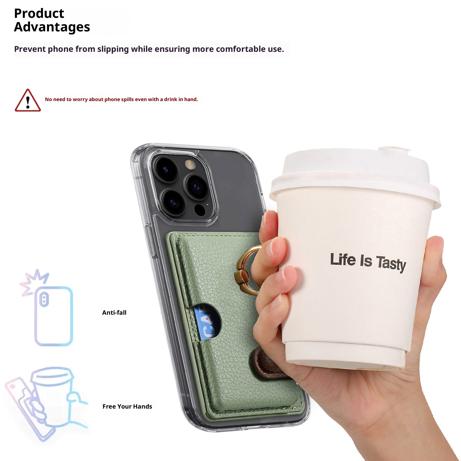 TechGlobe Lychee Pattern Oil Edge Ring Phone Sleeve Solid Stand Coin Purse Color Block Gift Back Sticker Card Holder_voghion.com