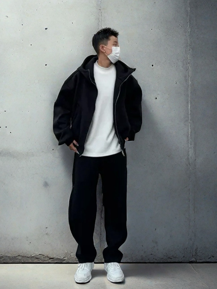 001 Tuta sportiva casual ispessita primaverile e autunnale per uomo, giacca con cappuccio larga, felpa, pantaloni della tuta, due pezzi, sensazione di alta qualità_voghion.com