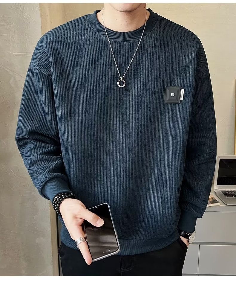 Sweat-shirt texturé pour homme, collection printemps-été, couleur unie, tendance 2023, coupe ample, col rond, style décontracté automne._voghion.com