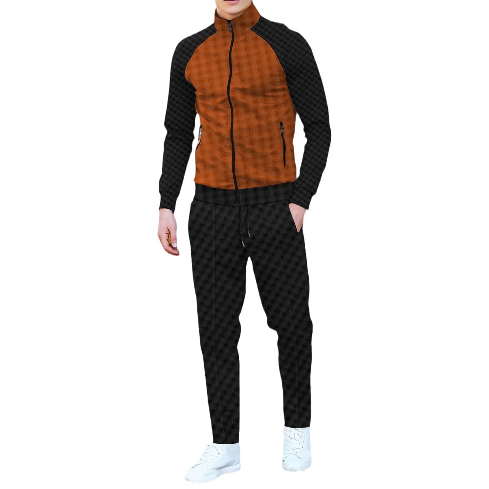 001 European American New Autumn And Winter Cross-Border Men's Daily Waffle Color Block Long Sleeve Jacket_voghion.com