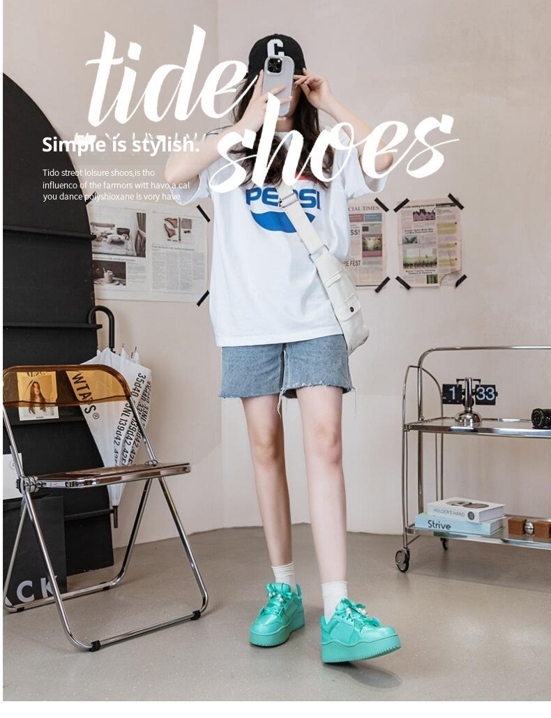 Nuove scarpe da ginnastica estive Huachen Yu dello stesso stile, verde menta, con suola spessa, versatili, traspiranti, con aumento dell'altezza, 2024_voghion.com