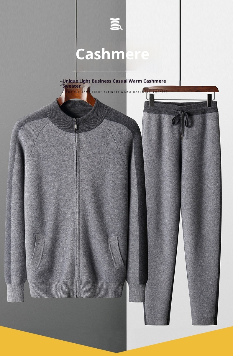 001 Neuer, dicker, lässiger Kaschmiranzug für Herren, bestehend aus einem Wollpullover mit halbem Rollkragen, einer Strickjacke mit Reißverschluss und einer locker sitzenden Hose._voghion.com