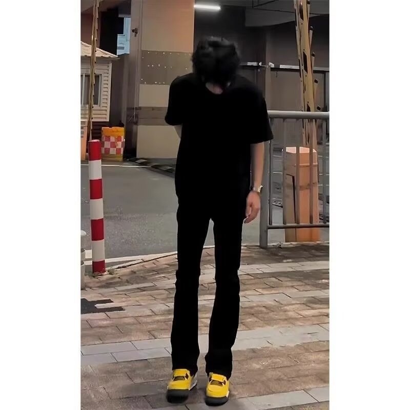 Jean évasé droit noir pur pour homme, style streetwear européen et américain, pantalon décontracté haut de gamme_voghion.com