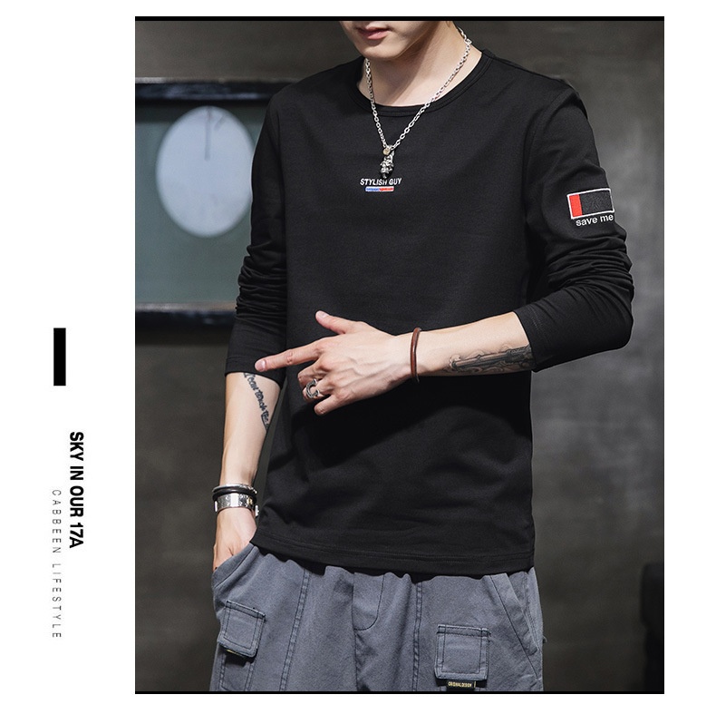 T-shirt à manches longues et col rond pour garçon, 100% coton, coupe ajustée, style sport, sweat-shirt imprimé tendance, t-shirt basique pour homme_voghion.com