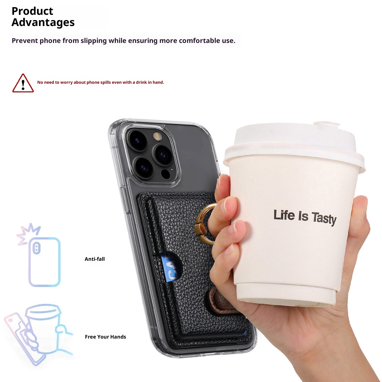 TechGlobe Lychee Pattern Oil Edge Ring Phone Sleeve Solid Stand Coin Purse Color Block Gift Back Sticker Card Holder_voghion.com