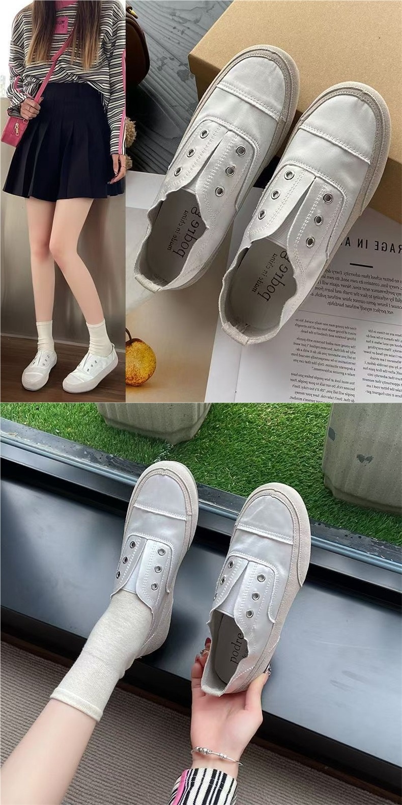 Scarpe slip-on basse bianche in tela spagnola, traspiranti, casual e sottili, da donna, 2025_voghion.com