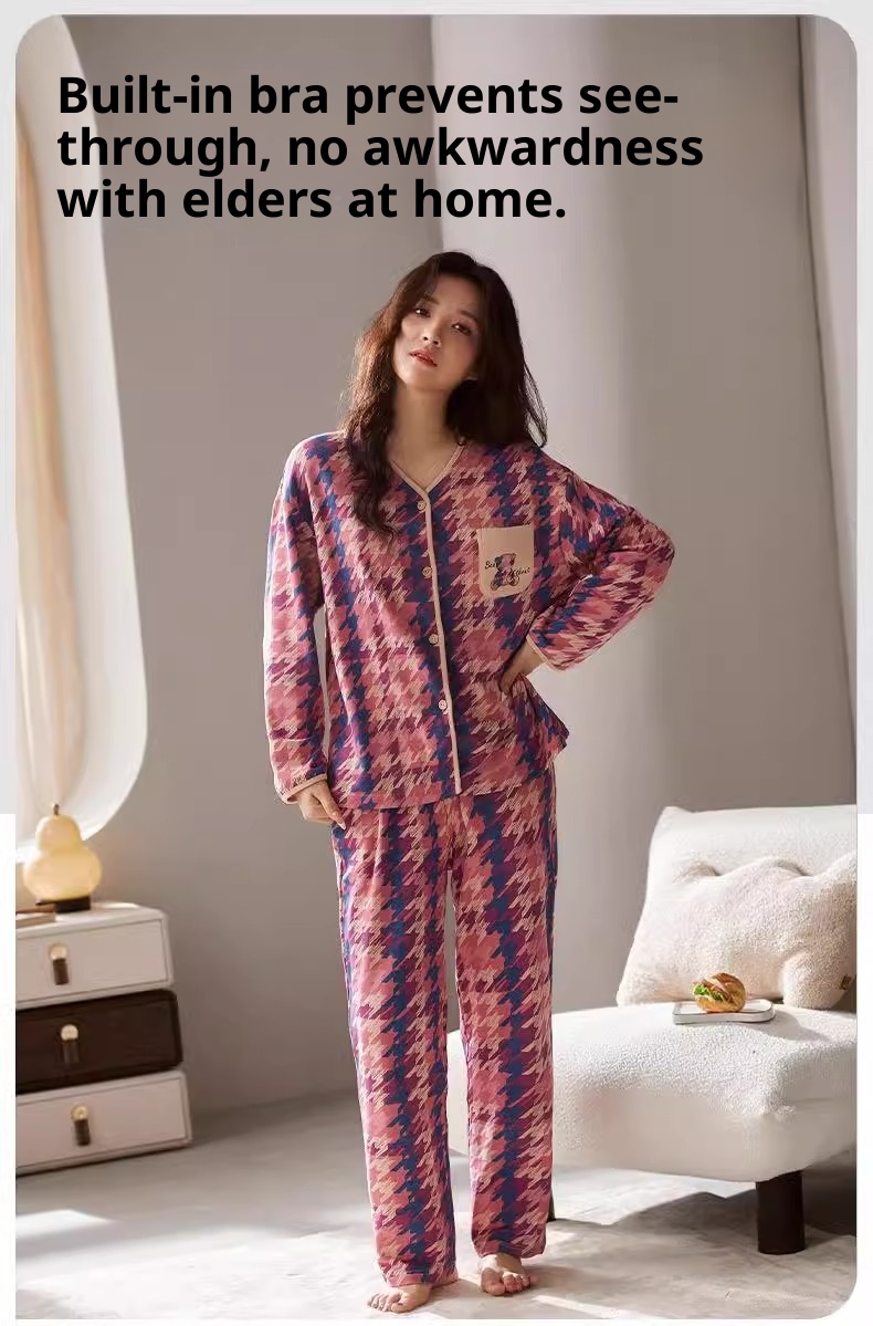 ChicShe Winter Langarmpyjama mit Brustpolstern für Damen, lockere Passform, süße Strickjacke, Übergröße, zweiteiliges Herbst-Homewear-Set_voghion.com