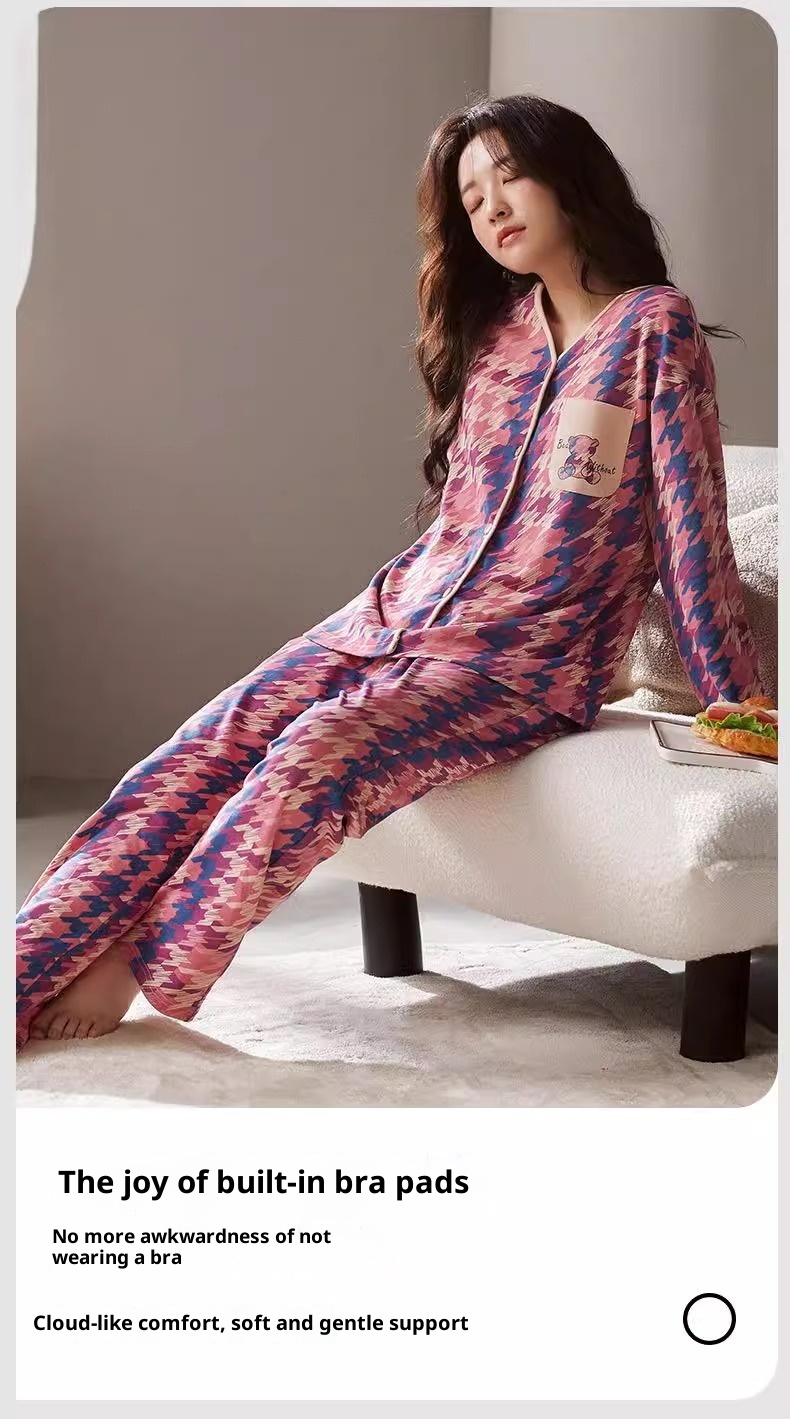 ChicShe Winter Langarmpyjama mit Brustpolstern für Damen, lockere Passform, süße Strickjacke, Übergröße, zweiteiliges Herbst-Homewear-Set_voghion.com