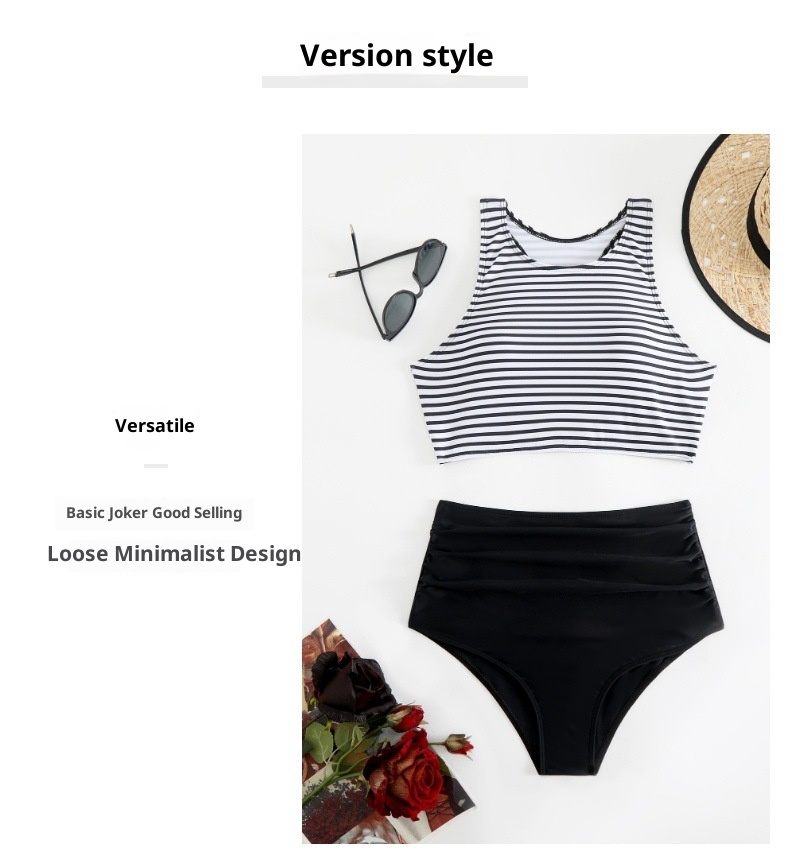 GraceChic Women's Two-Piece High-End Feel Tummy-Covering Striped Swimsuit Conservative High-Waist Bikini European And American_voghion.com