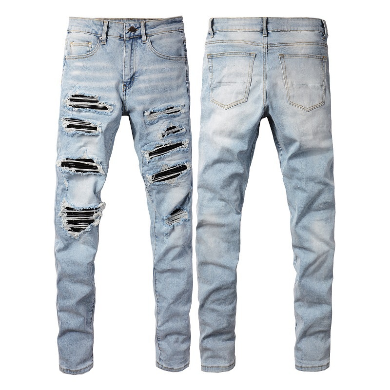 boy European And American High Street Men's Patch Handmade Ripped Slim Fit Skinny Jeans 1307_voghion.com