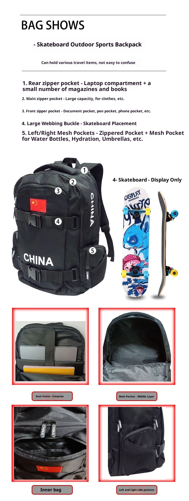 ActiveGo Skateboard Sports Mountaineering Outdoor Travel Large Capacity Casual Double Shoulder Backpack Lightweight_voghion.com