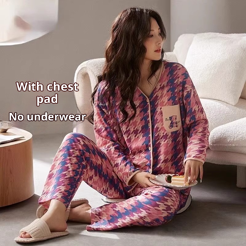 ChicShe Winter Langarmpyjama mit Brustpolstern für Damen, lockere Passform, süße Strickjacke, Übergröße, zweiteiliges Herbst-Homewear-Set_voghion.com