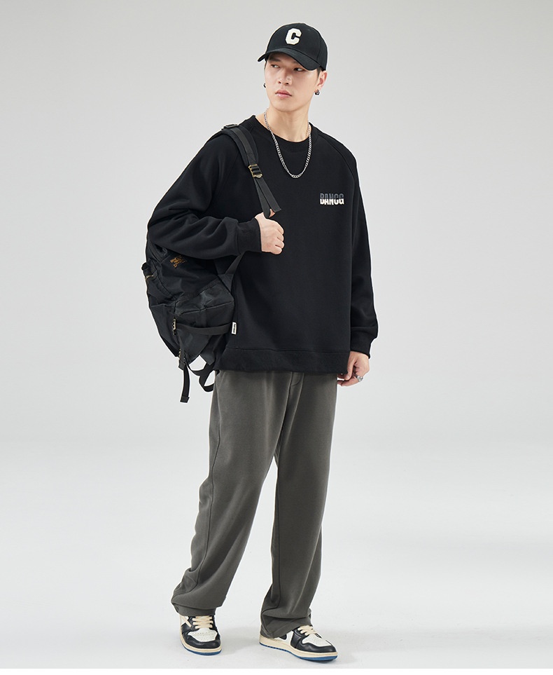 Sweat-shirt garçon Shanggu Clothing à col rond, style japonais, couleur unie, marque tendance pour hommes, broderie simple, jeune_voghion.com