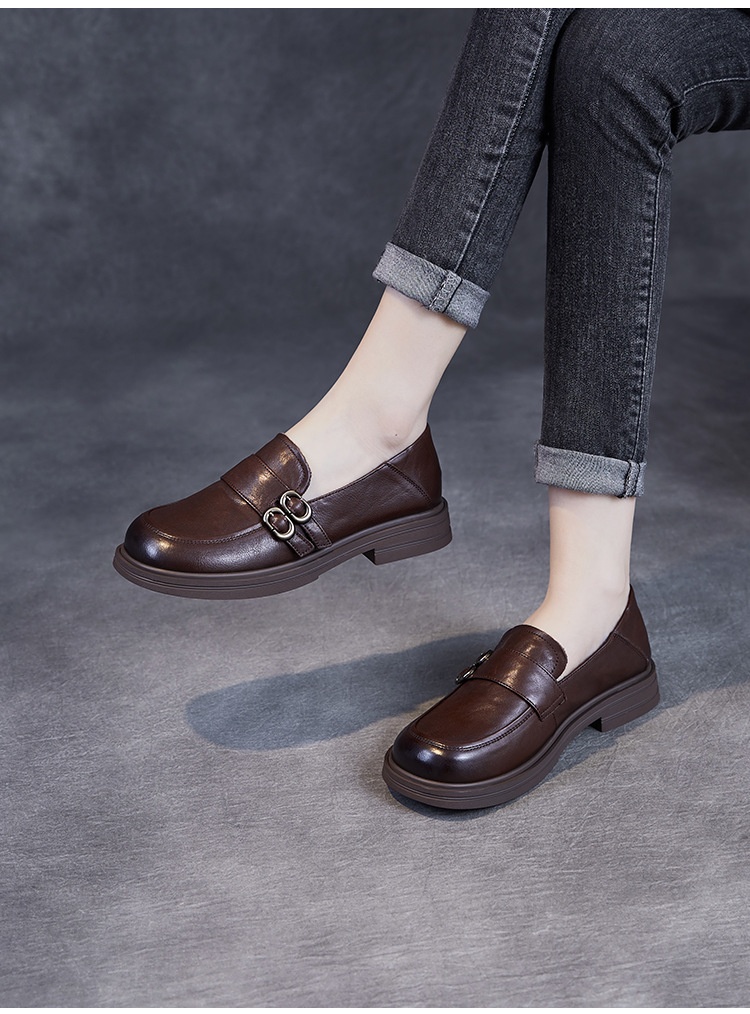 Elegante natuurlijke kleur toplaag echte leren damesschoenen retro Britse stijl lage hak zachte zool instappers_voghion.com