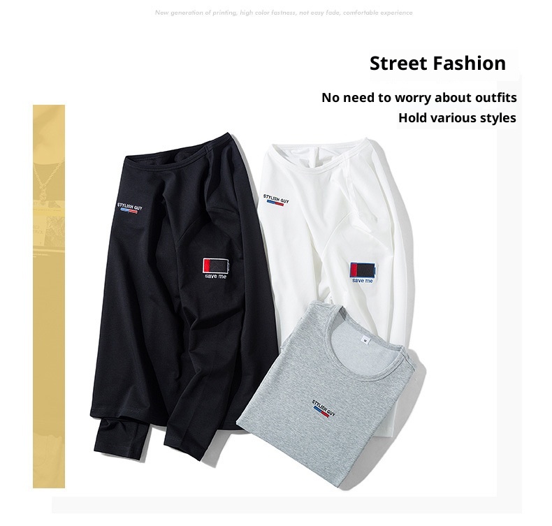 T-shirt à manches longues et col rond pour garçon, 100% coton, coupe ajustée, style sport, sweat-shirt imprimé tendance, t-shirt basique pour homme_voghion.com