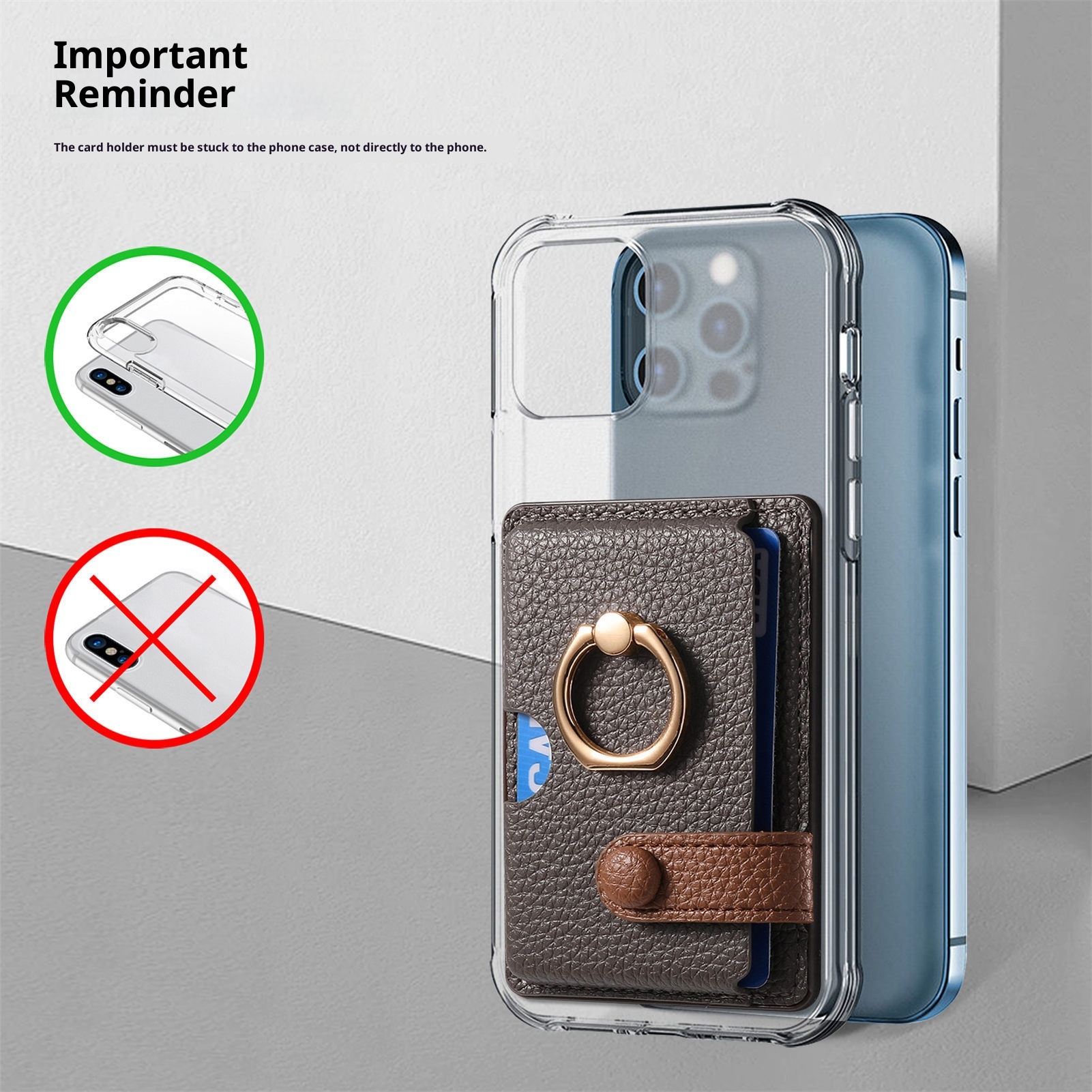 TechGlobe Lychee Pattern Oil Edge Ring Phone Sleeve Solid Stand Coin Purse Color Block Gift Back Sticker Card Holder_voghion.com