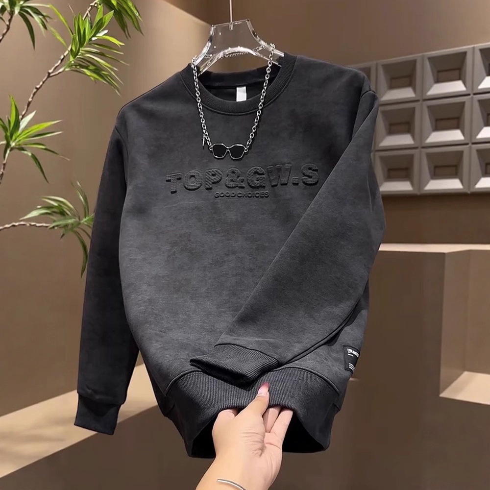 boy Autumn Winter New Versatile Trendy Pullover Steel Print Letter Gradient Top Men's Long Sleeve Casual Fashion Sweatshirt_voghion.com