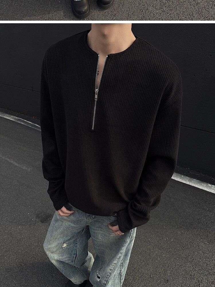 boy American Style Half-Zip Henry Collar T-Shirt For Men, Spring And Autumn Cleanfit Long Sleeve Base Layer, Tough Guy_voghion.com