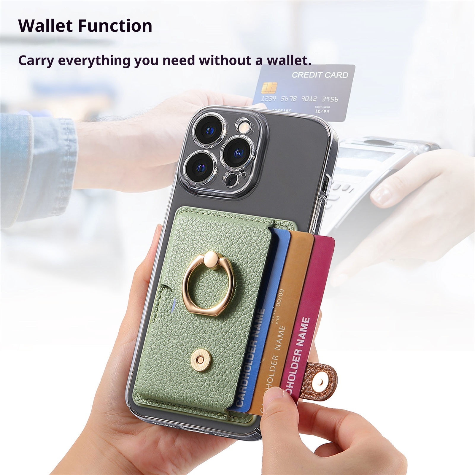 TechGlobe Lychee Pattern Oil Edge Ring Phone Sleeve Solid Stand Coin Purse Color Block Gift Back Sticker Card Holder_voghion.com