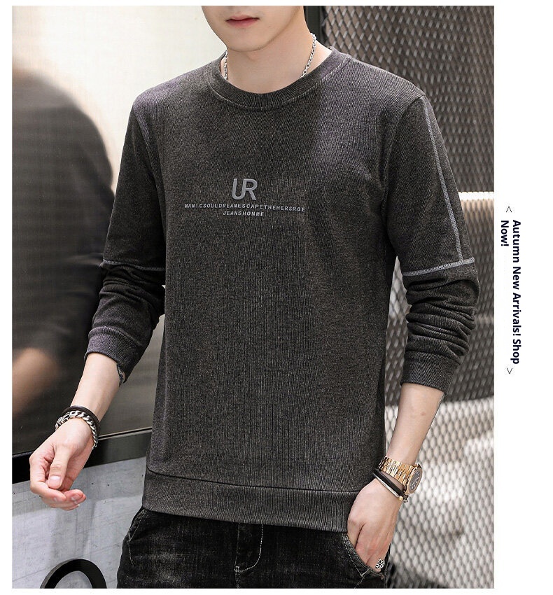 boy 2025 Crew Neck Stretch Warm Sweatshirt Youth Base Shirt Trendy Fleece Lined Thickened Long Sleeve T-Shirt Men's Top_voghion.com