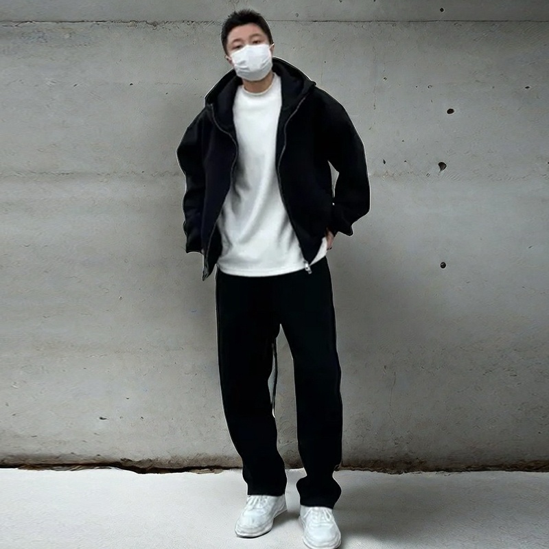 001 Tuta sportiva casual ispessita primaverile e autunnale per uomo, giacca con cappuccio larga, felpa, pantaloni della tuta, due pezzi, sensazione di alta qualità_voghion.com