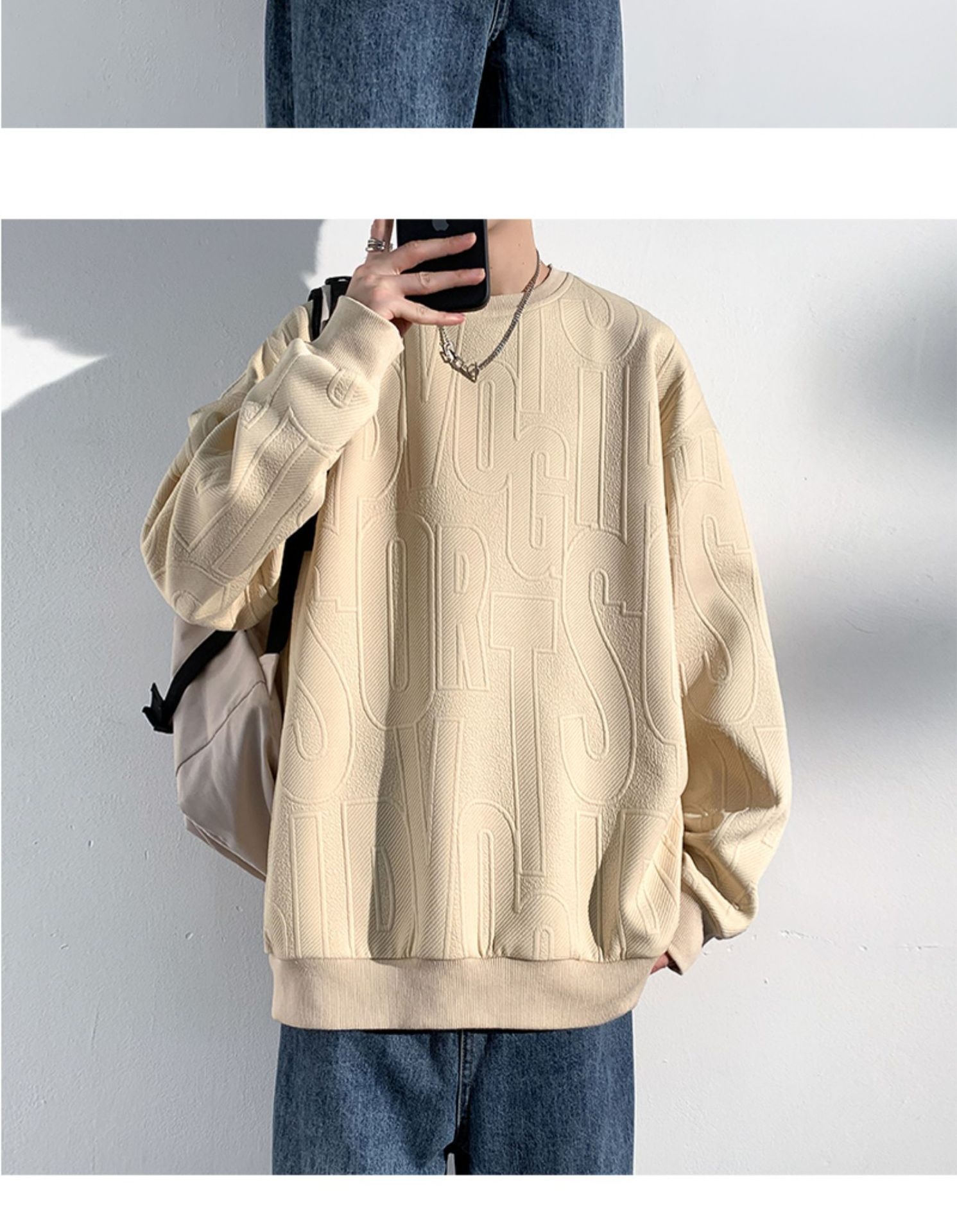 Herren-Jacquard-Sweatshirt, trendige Marke, hochwertiges Funktionsshirt, Oversized-Schnitt, amerikanischer Stil, Rundhalsausschnitt_voghion.com