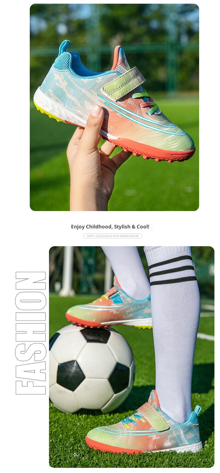 ShoeGlobe Dropshipping Children's Soccer No-Tie Velcro Cleats TF Elementary School Boys And Girls Artificial Grass Training Sports_voghion.com