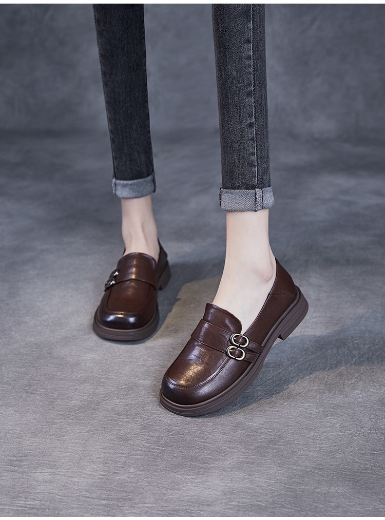 Elegante natuurlijke kleur toplaag echte leren damesschoenen retro Britse stijl lage hak zachte zool instappers_voghion.com