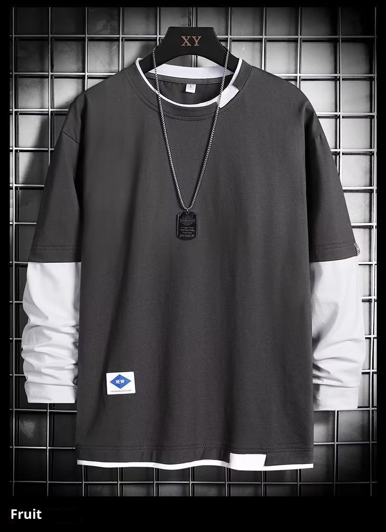 boy Spring And Autumn Sweatshirt For Men, Ins Trendy Brand, Loose Round Neck T-Shirt, Two-Piece Long Sleeve Clothing,_voghion.com