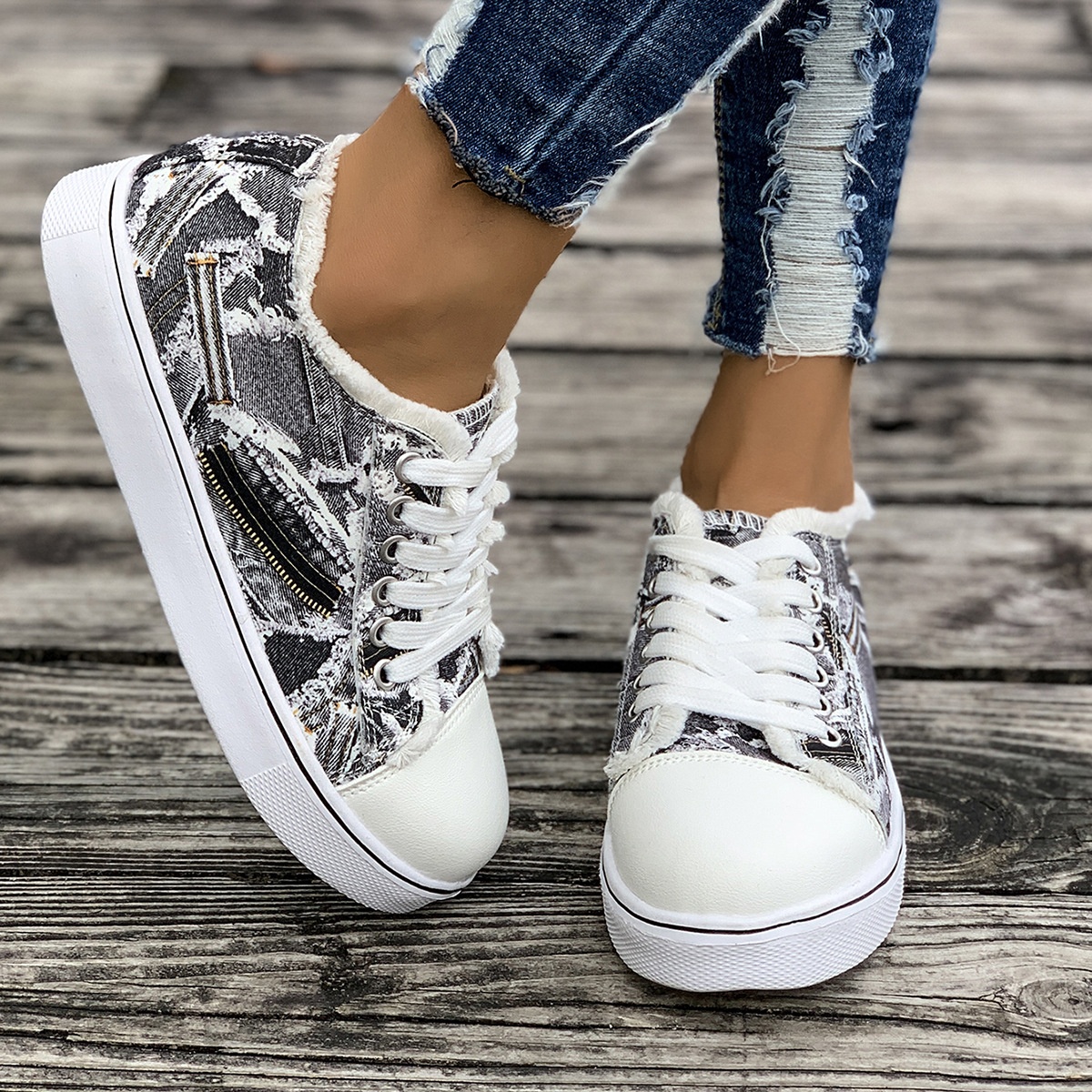 Tênis feminino plus size de lona com estampa colorida, estilo europeu e americano, para primavera/outono, novo modelo._voghion.com