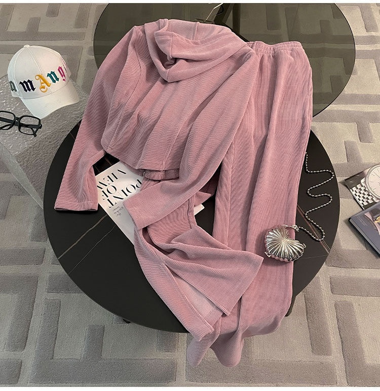 001 Europees stijl casual roze sportpak voor vrouwen vroege herfst 2024 nieuwe losse split wijde broek tweedelig set #882_voghion.com