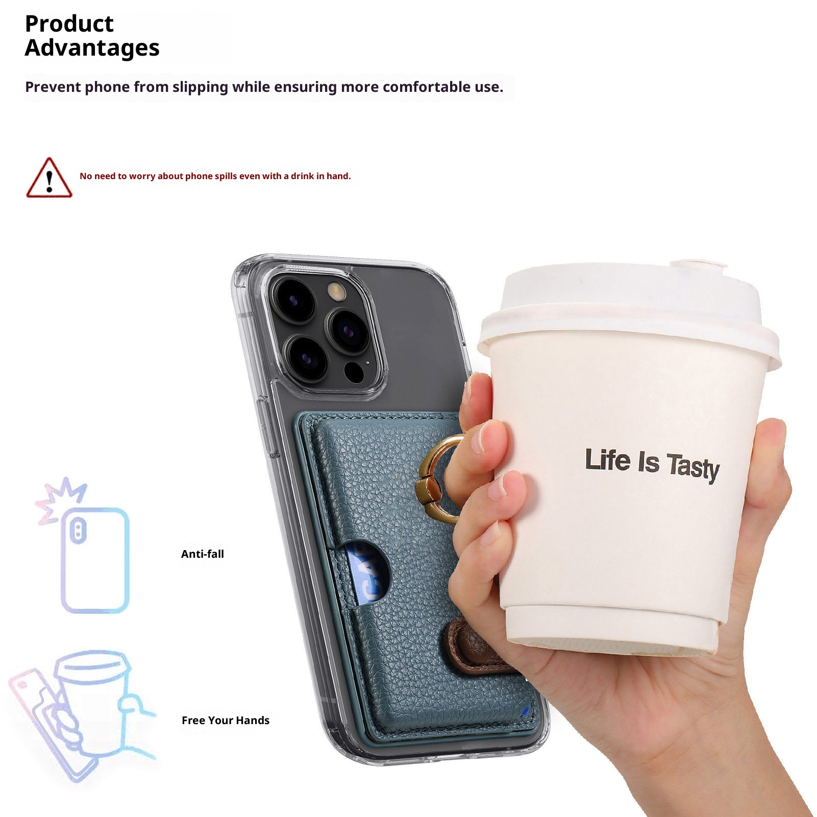 TechGlobe Lychee Pattern Oil Edge Ring Phone Sleeve Solid Stand Coin Purse Color Block Gift Back Sticker Card Holder_voghion.com